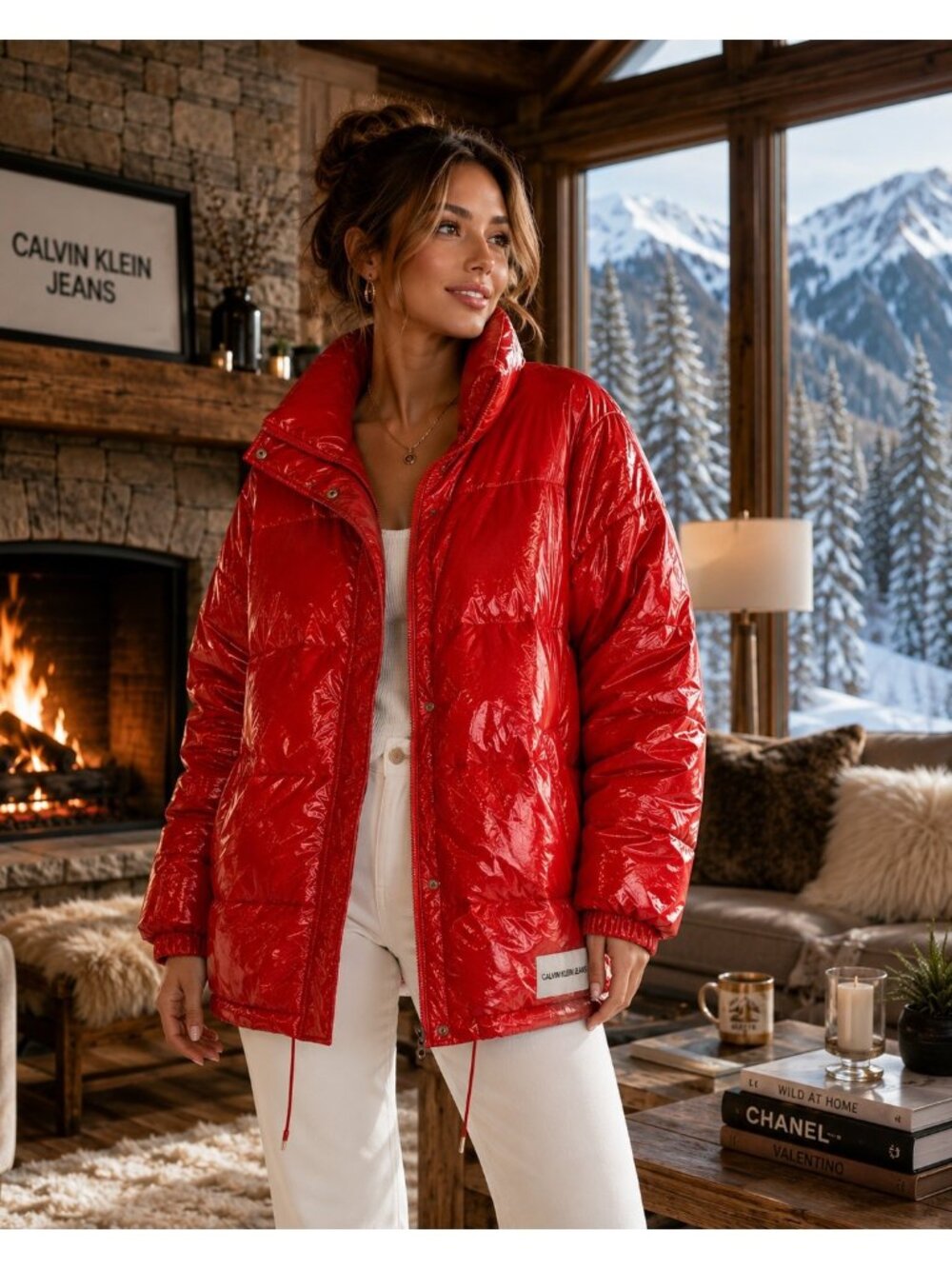 Calvin Klein Jeans Red Puffer Jacket Glossy Size M Full Zip & Snap EUC Winter
